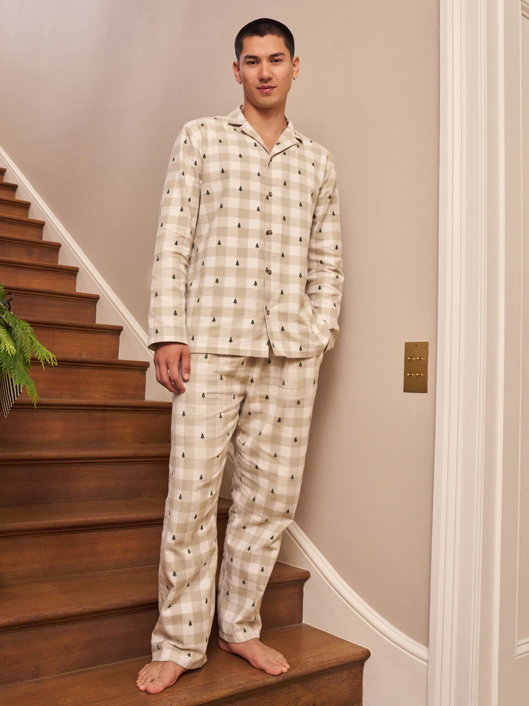 Neutraal geruit - Bijpassende familie Kerstmis Knoopsluiting Pyjama's