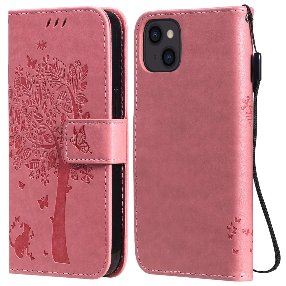 iPhone 14 Leder Tasche Flip Cover Baum Imprint - Rosa
