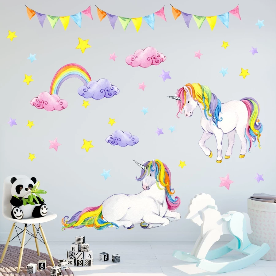 Nikima Wandtattoo 072 Wandtattoo Einhorn bunt Regenbogen Kinderzimmer Baby Mädchen bunt
