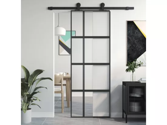 Porte coulissante noir 76x205 cm verre trempé aluminium