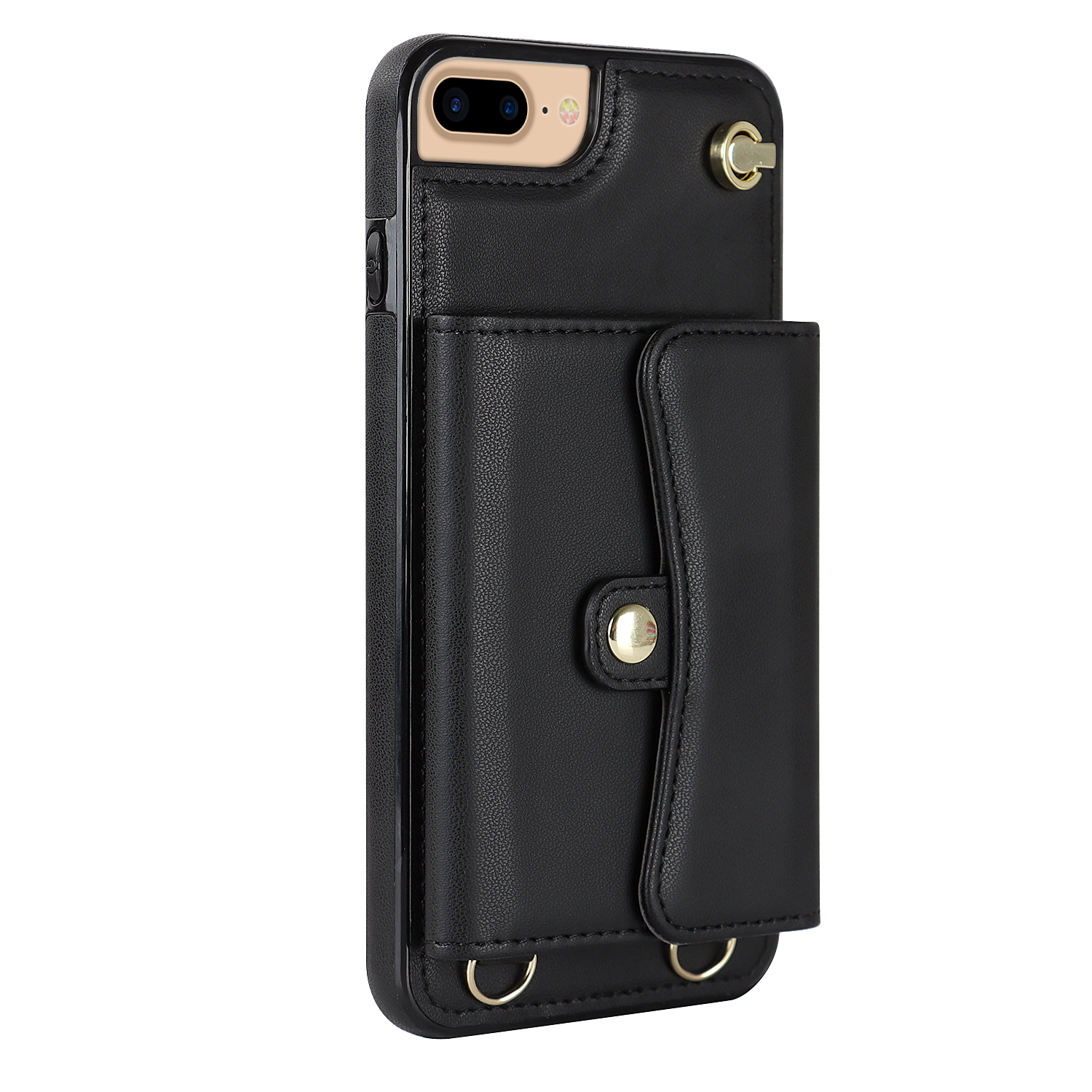 iPhone SE (2022/2020) / 8 / 7 / 6S Necklace Leder Schutz Hülle mit Kartenfach   Handykette (140cm) - Schwarz
