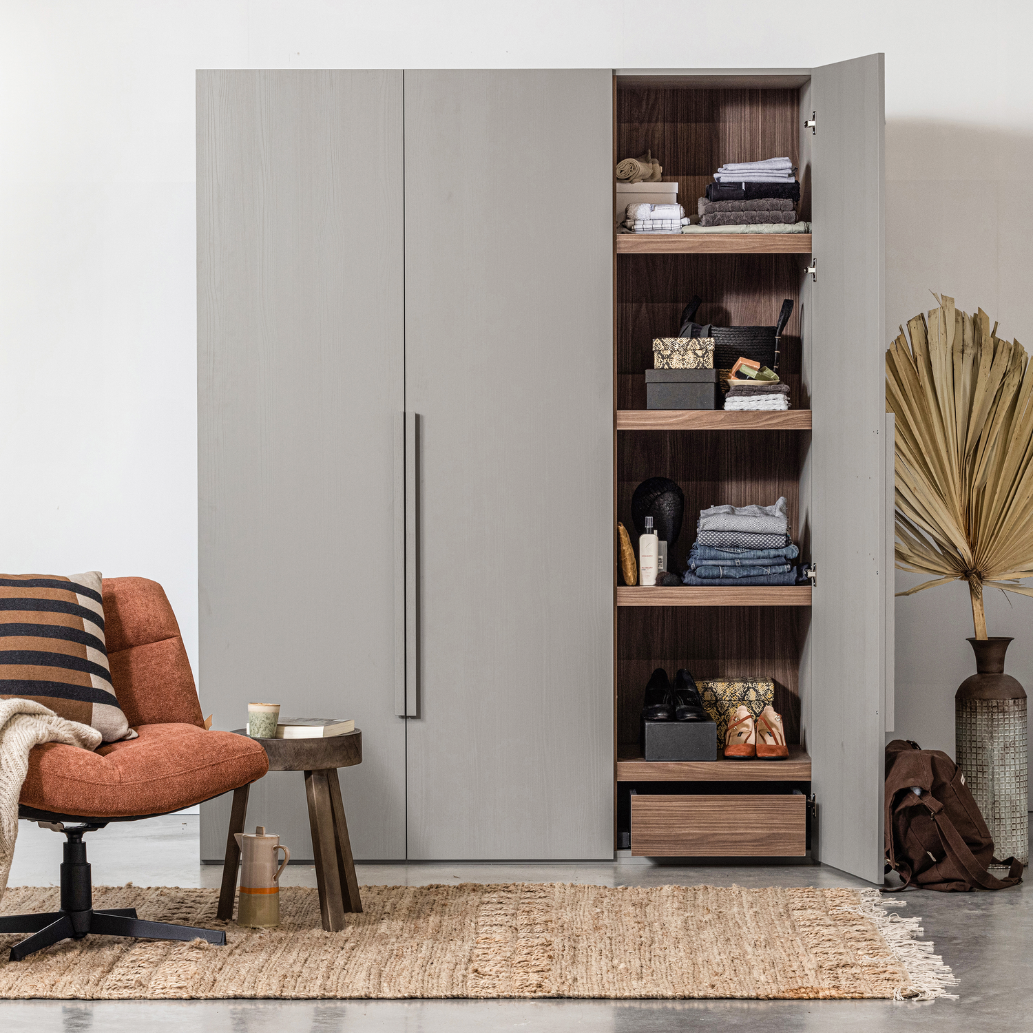 WOOOD Rens Kledingkast 3-Deurs - Noten|Grijs - 210x165x58