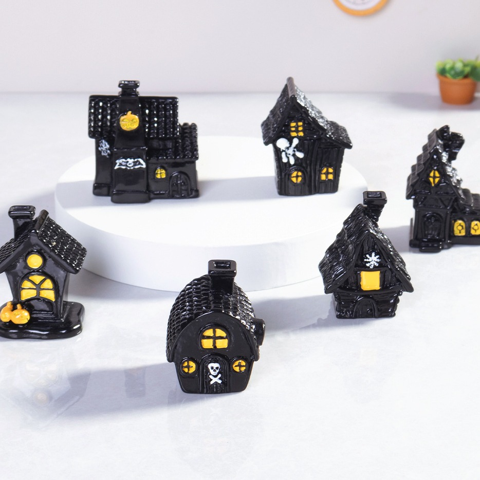 (6er Set) Miniatur Halloween Deko Mini Häuser Grusel Party Tischdekoration Bastel Zubehör für Kreative DIY Projekte - Schwarz