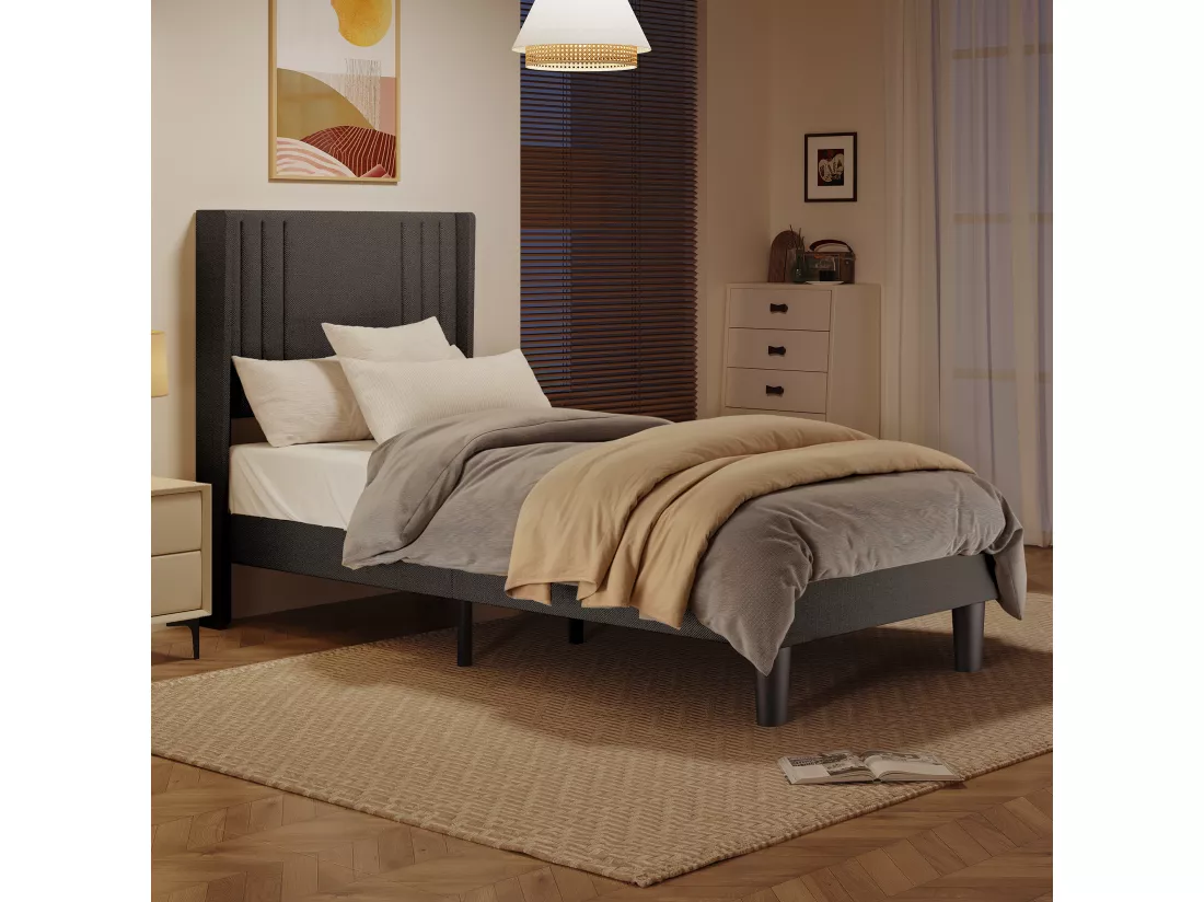 Lit Simple Capitonné 90 x 200 cm avec Tête de Lit pour Rangement Bealife Sommier à Lattes Tissu en Lin Lit Enfant Adolescent Gris Foncé