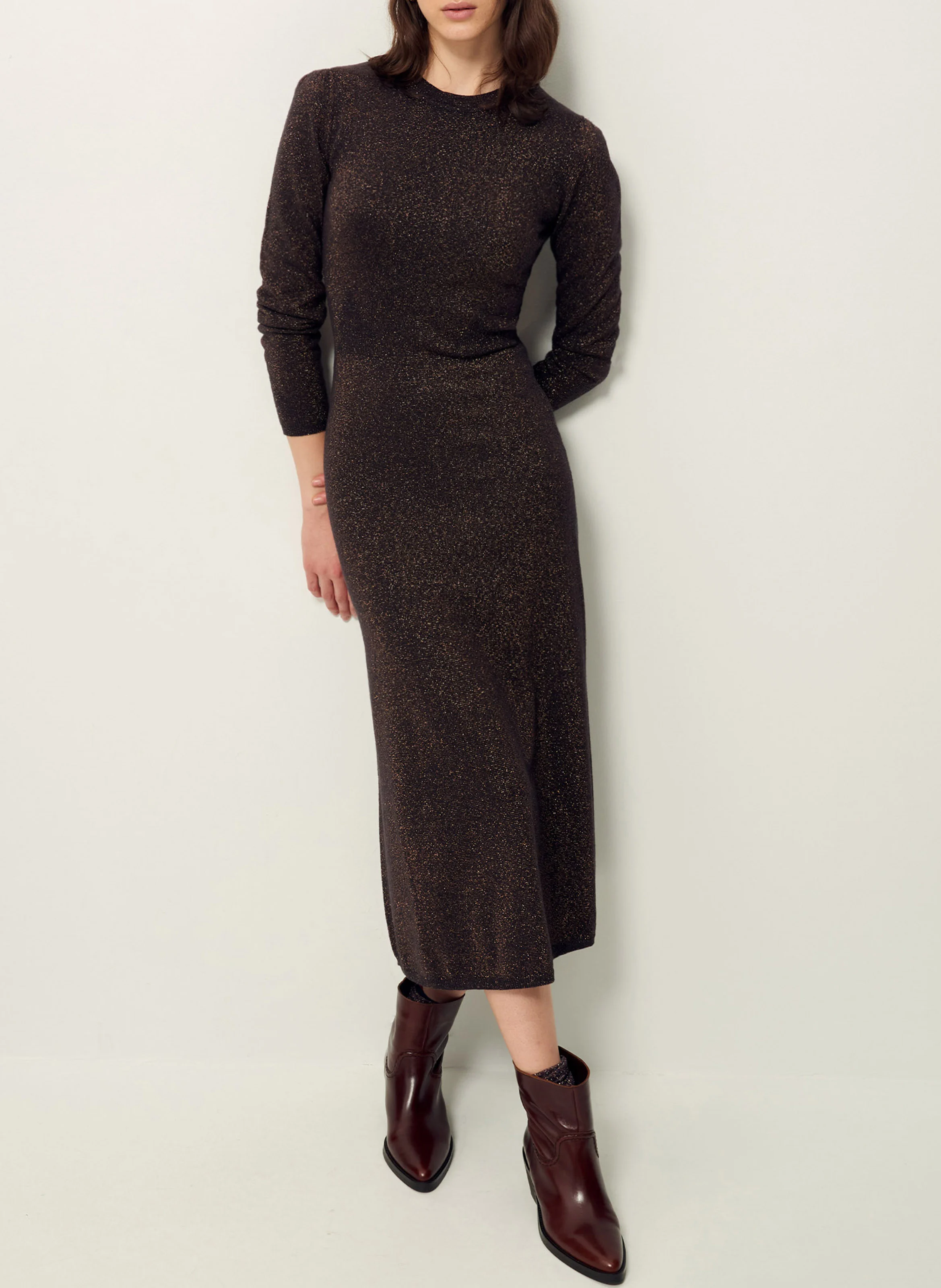 AURORA - Robe longue col rond| Marron