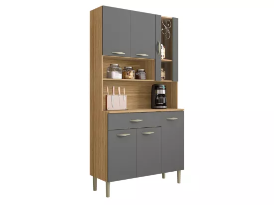 Buffet de Cuisine 6 Portes 1 Tiroir Chêne et Gris L 90.9 H 173.5 P 36.3 cm