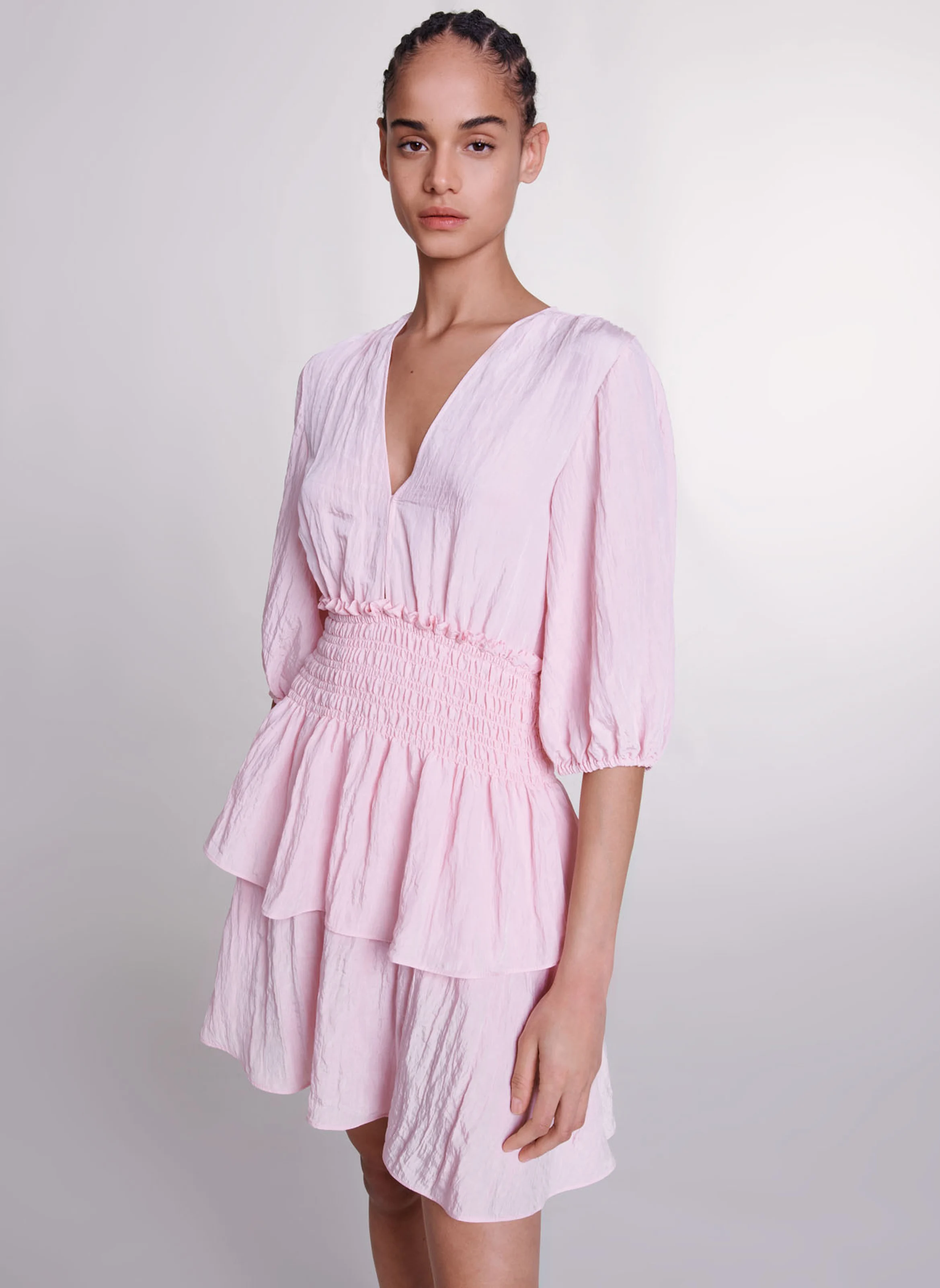 Robe courte col V à volants| Rose