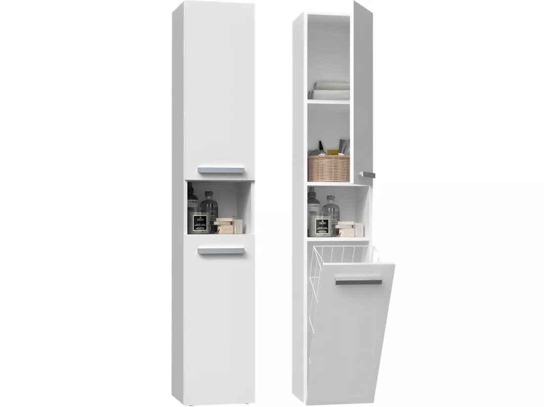 HORTI - Meuble salle de bain avec panier à linge - 31x30x174 cm - Colonne rangement SDB