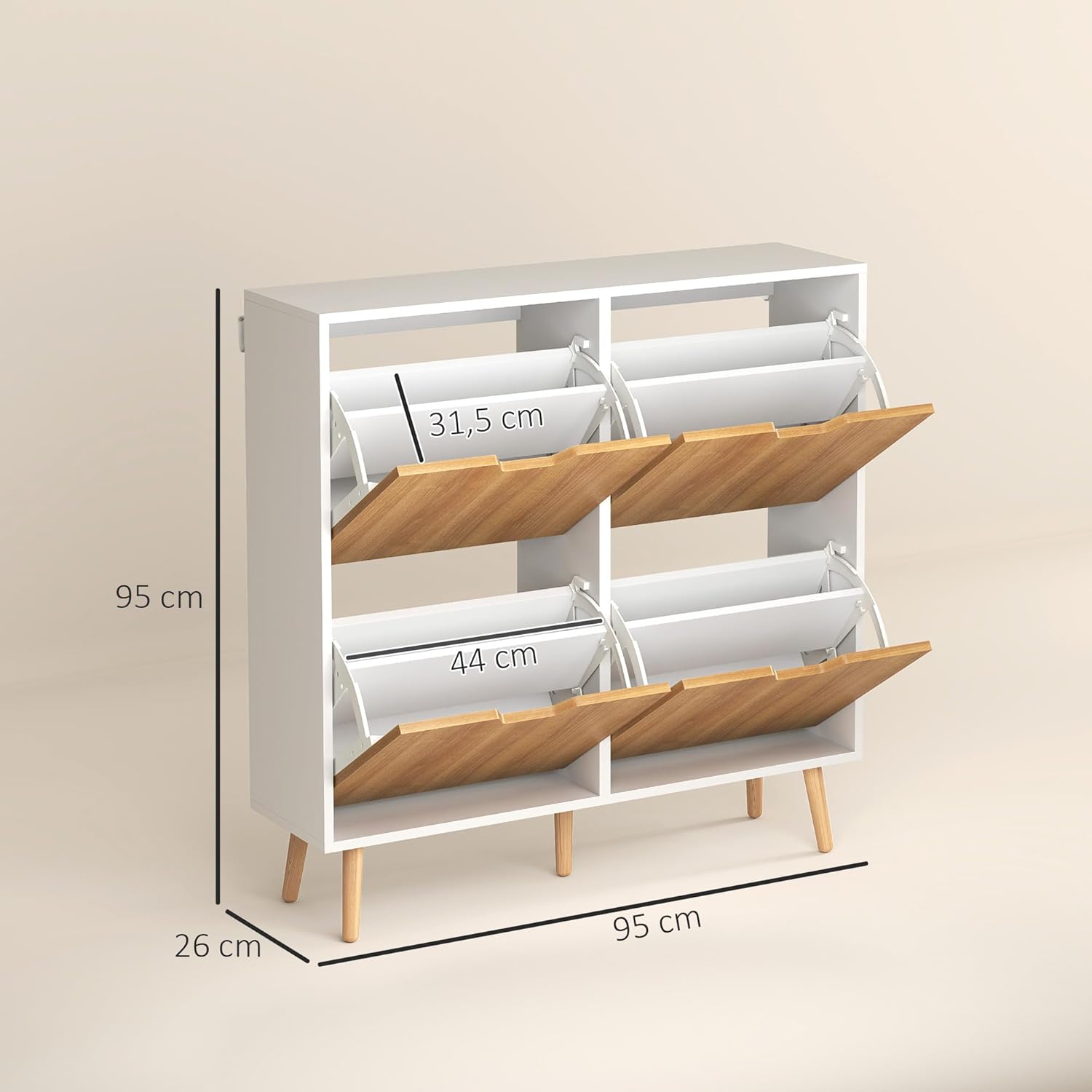 HOMCOM Meuble à Chaussures 4 abattants, Armoire à Chaussures 16 Paires, avec étagère réglable, Pieds en Bois, Rangement Chaussure, Grande capacité pour Couloir, entrée, 95 x 26 x 95 cm, Blanc EV3077500