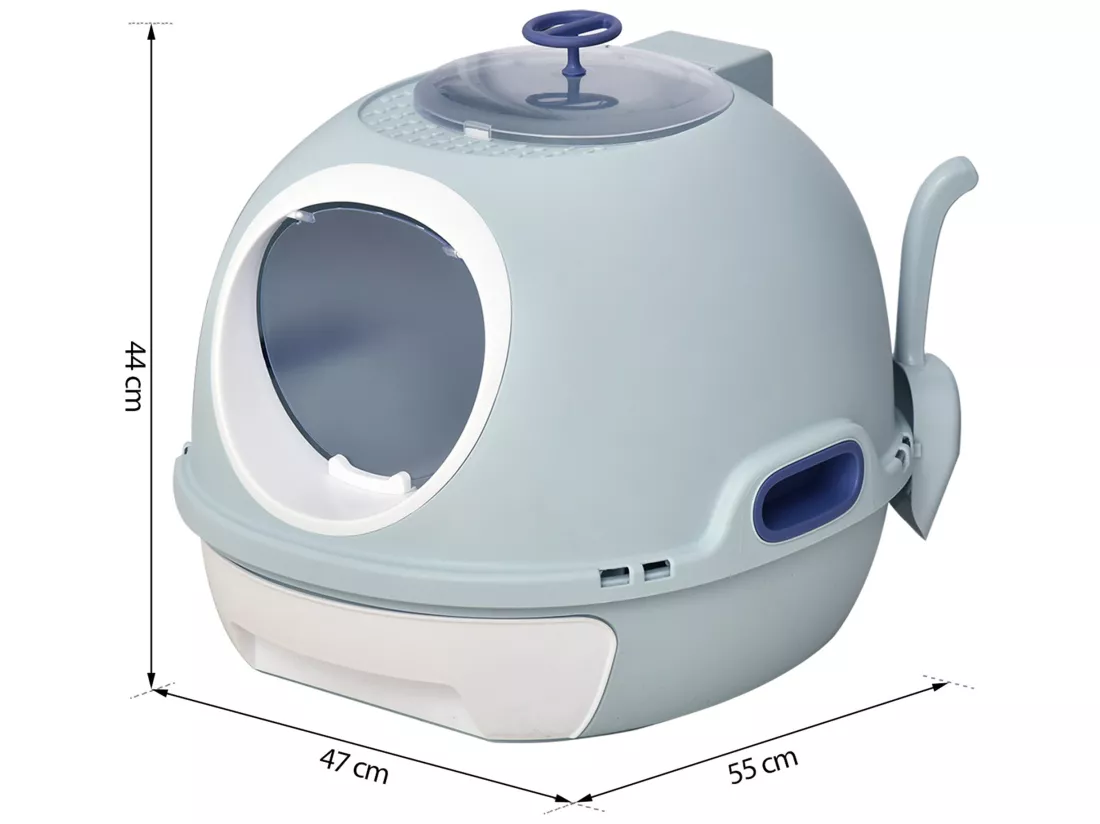 Maison de toilette portable pour chat tiroir à litière coulissant porte battante lucarne + pelle fournis dim. 47L x 55l x 44H cm bleu