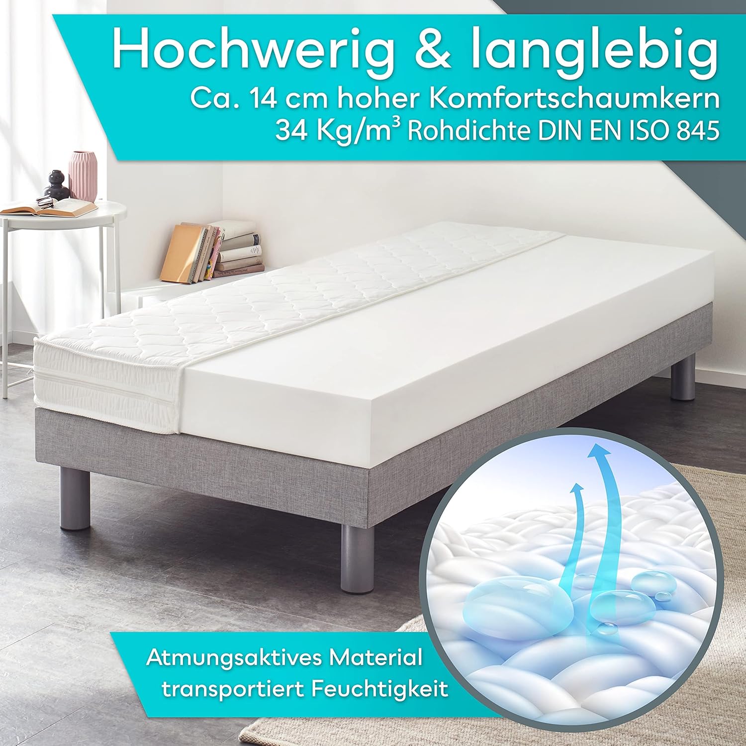 Sun Garden Matratze 90x200 cm H3 I Papierverpackung I P1440 ComfortPur Komfortschaum I Oeko Tex 100 Zertifiziert I Bezug abnehmbar, waschbar bis 40°C I Formstabil I Versteppt mit Polyester-Klimafaser