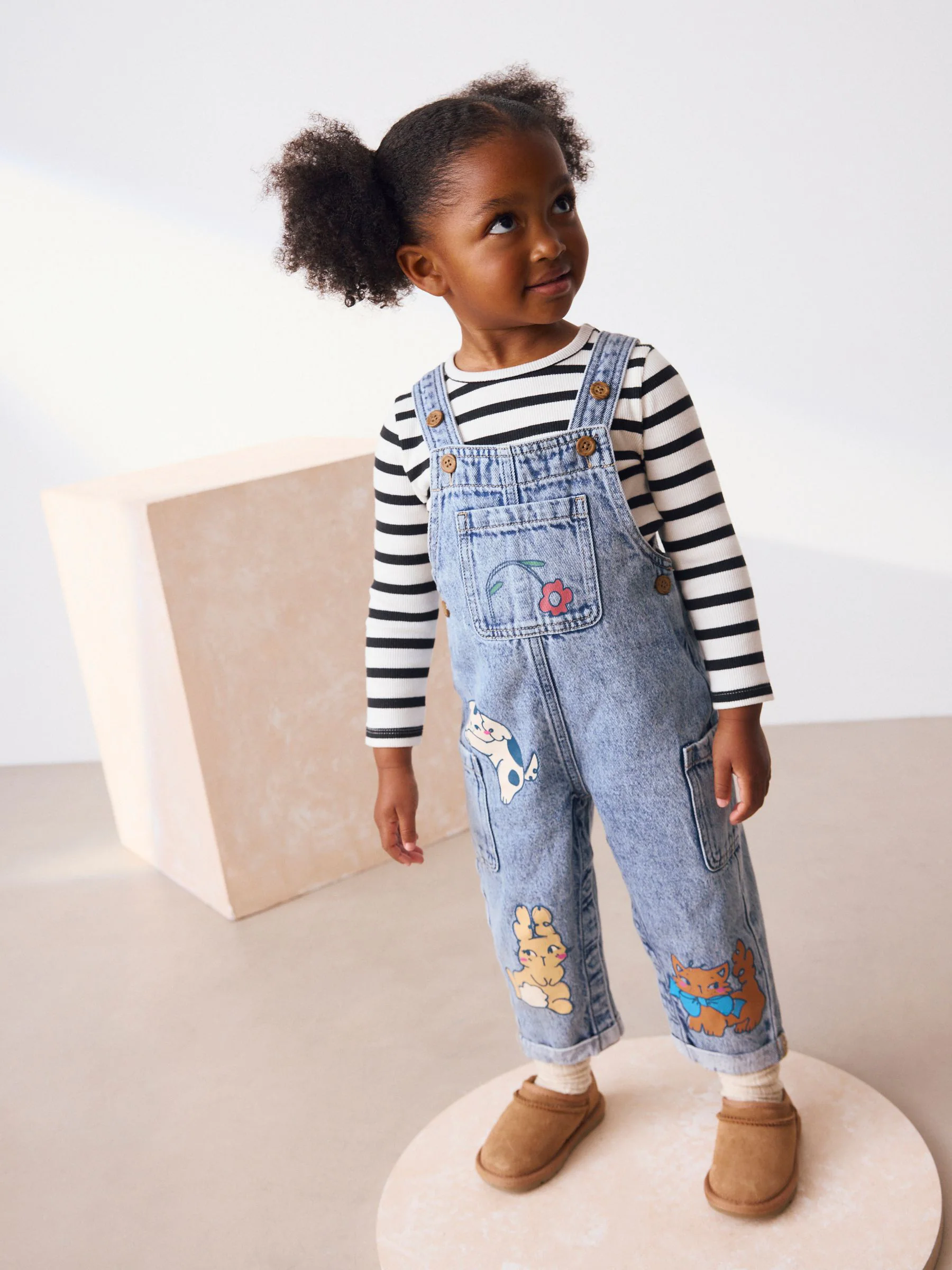 Middenblauw denim - Set van tuinbroek met dierenprint en gestreept T-shirt (3mnd-7jr)