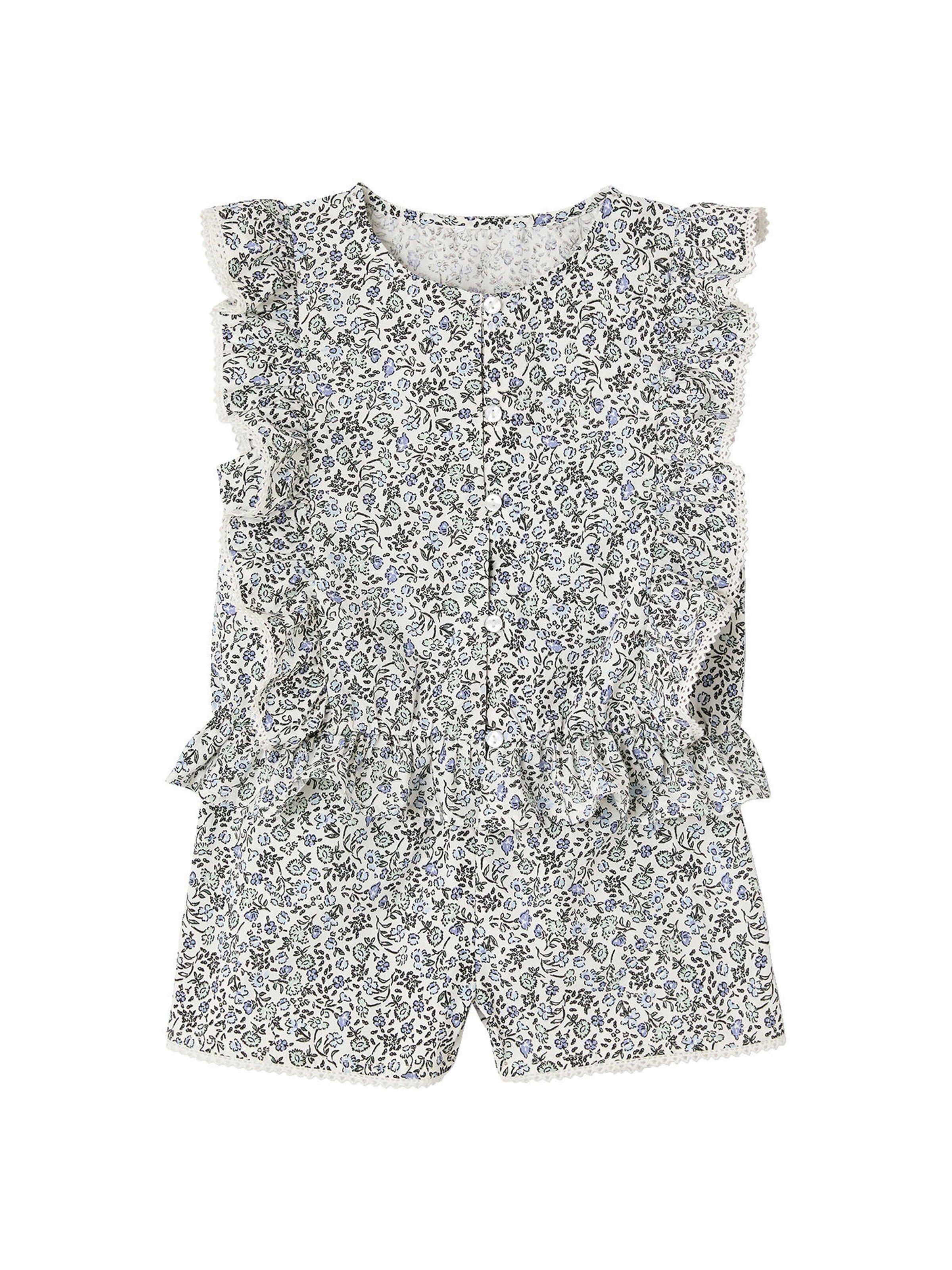Vertbaudet Festliches Mädchen-Set: Volantbluse & Shorts blau bedruckt