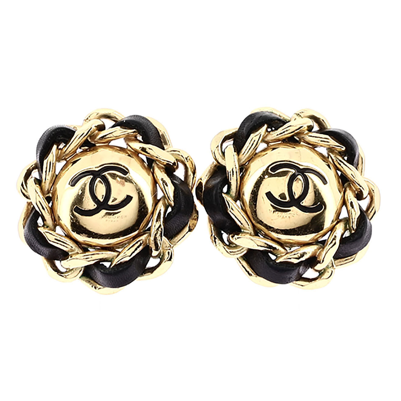 Chanel Boucles d'oreilles Clips Vintage en Cuir dorées - Très bon état