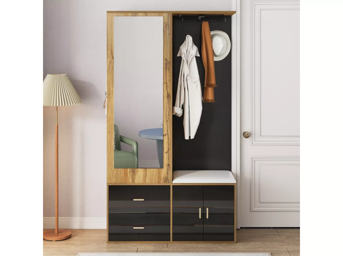 Armoir 100x38x108.1cm - Avec miroir - Avec meuble à chaussures - Avec crochets et cintres rétractables - Noir + Naturel
