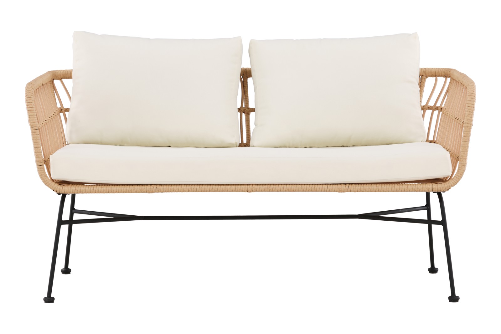 Isola utesofa Hagesofa med sortlakkert understell, naturrotting og beige puter.
