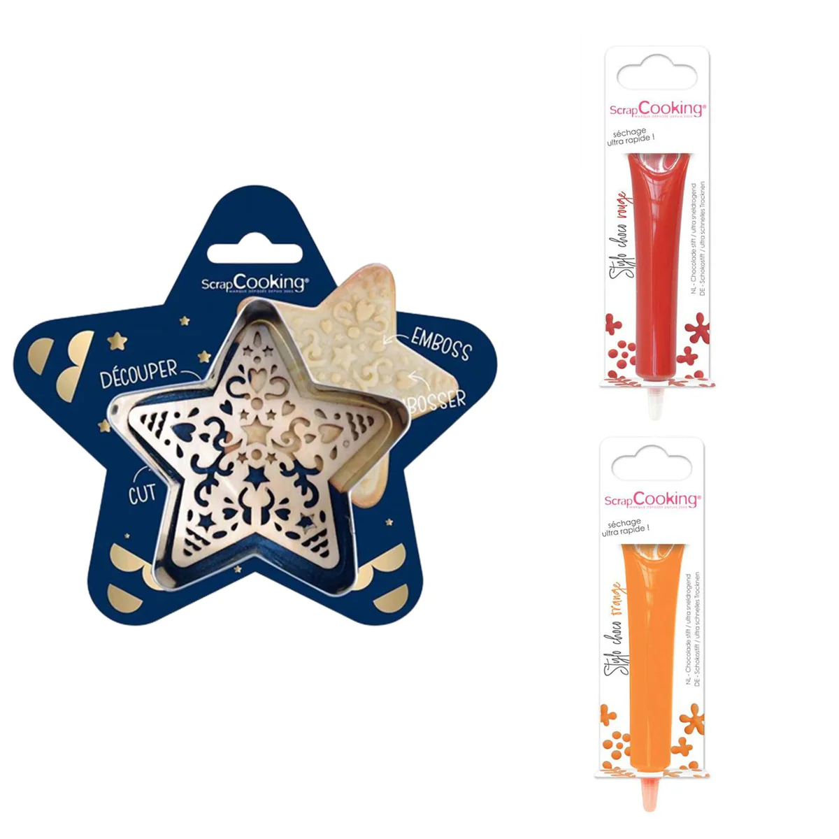 Kit pour biscuit en relief Étoile + 2 Stylos au chocolat rouge et oran