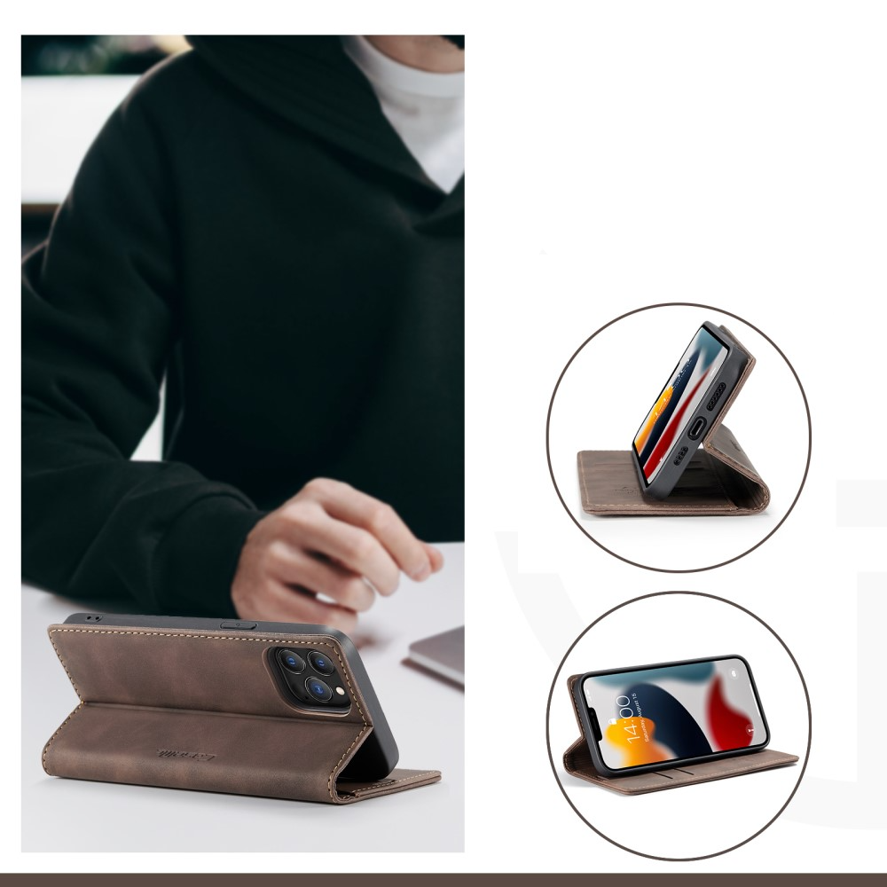 iPhone 13 Pro Leder Tasche Flip Wallet Etui mit Kartenfächern - Dunkelbraun