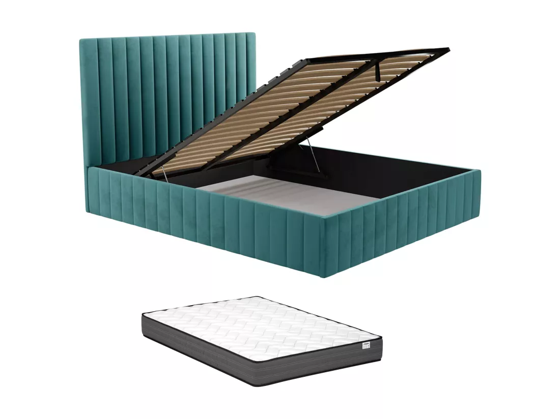 Lit coffre 180 x 200 cm avec tête de lit coutures verticales - Velours - Bleu canard + Matelas - LARALI de Pascal Morabito