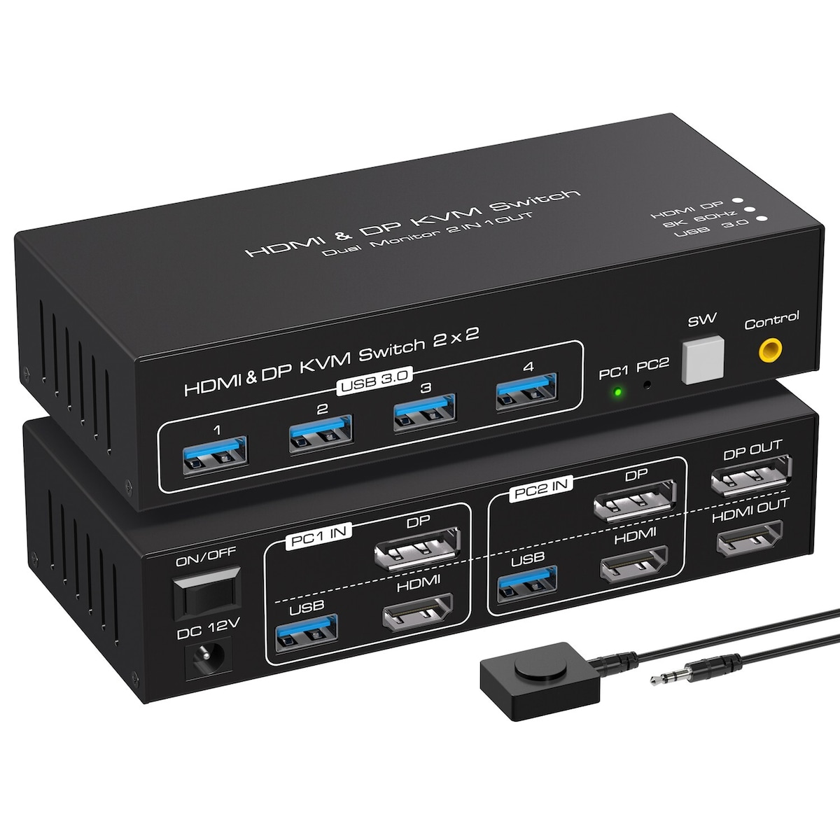 NÖRDIC KVM-svitsj 2 til 2 DisplayPort & HDMI, 8K60Hz/4K120Hz, 4x USB-A