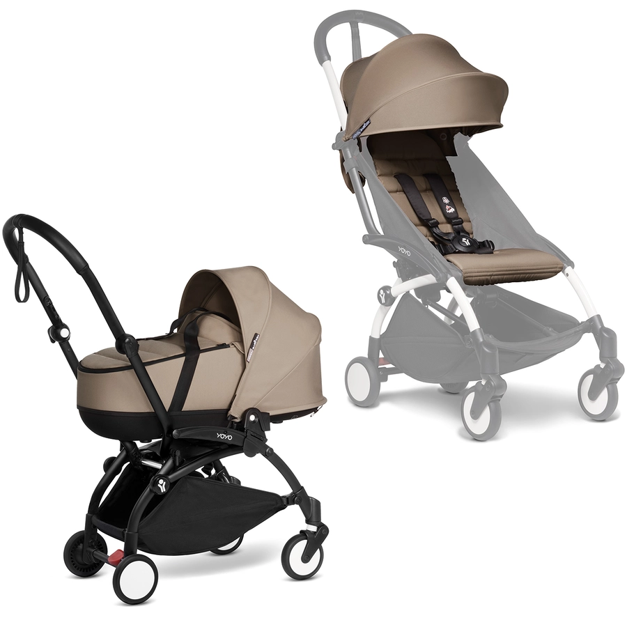 BABYZEN Kinderwagen YOYO2 0+ Black mit Liegewanne und Textilset Taupe