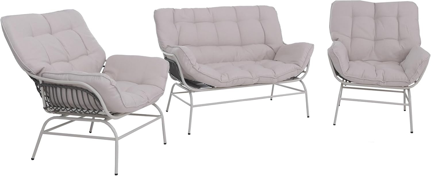 Lounge-Set HWC-P75, Gartengarnitur Sofa Sitzgruppe, Stoff 220g/m² Poly-Rattan Metall - hellgrau, Polster beige