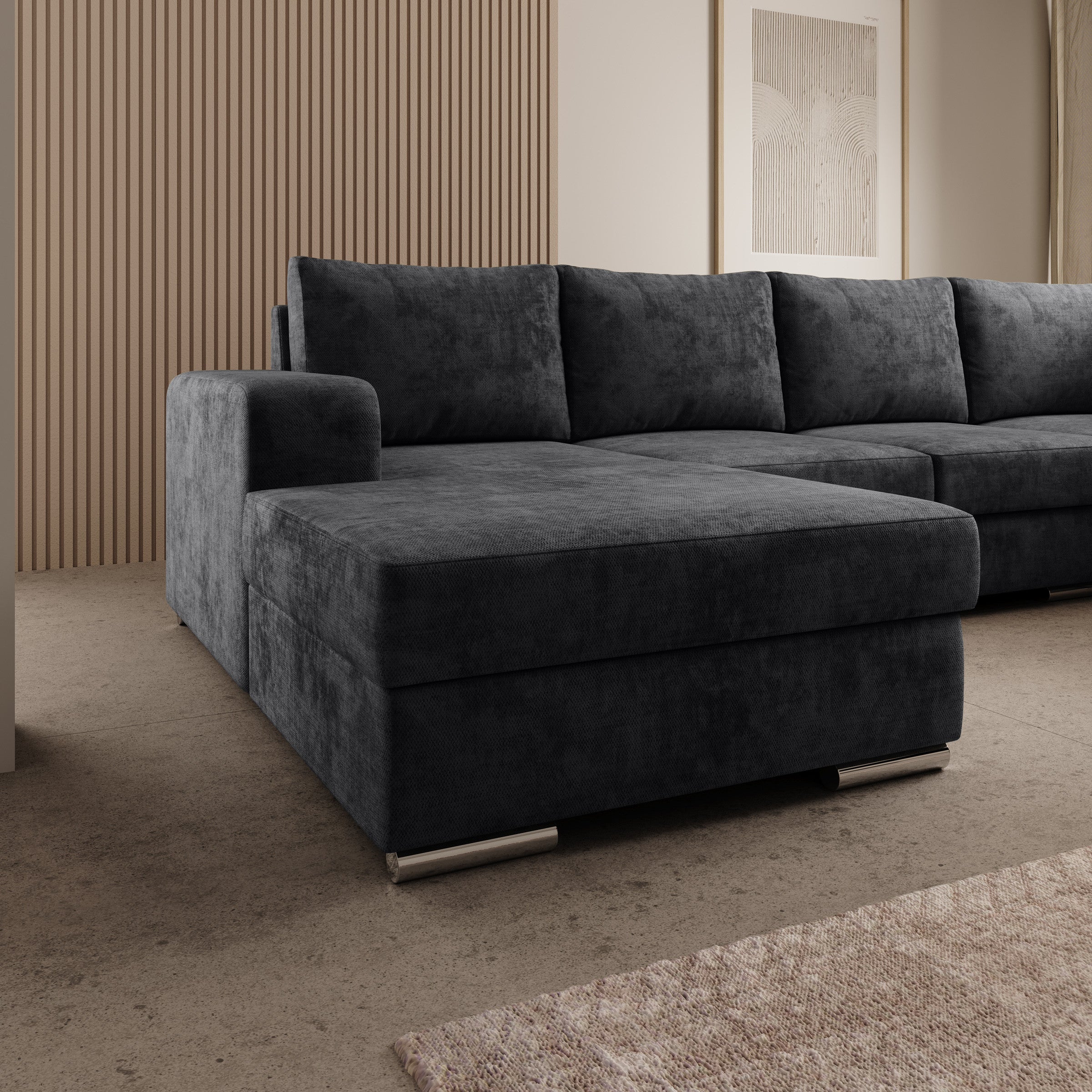 Adel - Hoekbank 5-zits met chaise longue - Velvet zwart - Links