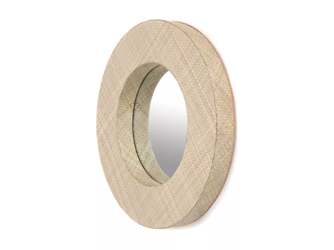 MIROIR MURAL LAISSE 50 rond, orné de feuilles de pandanus brun clair