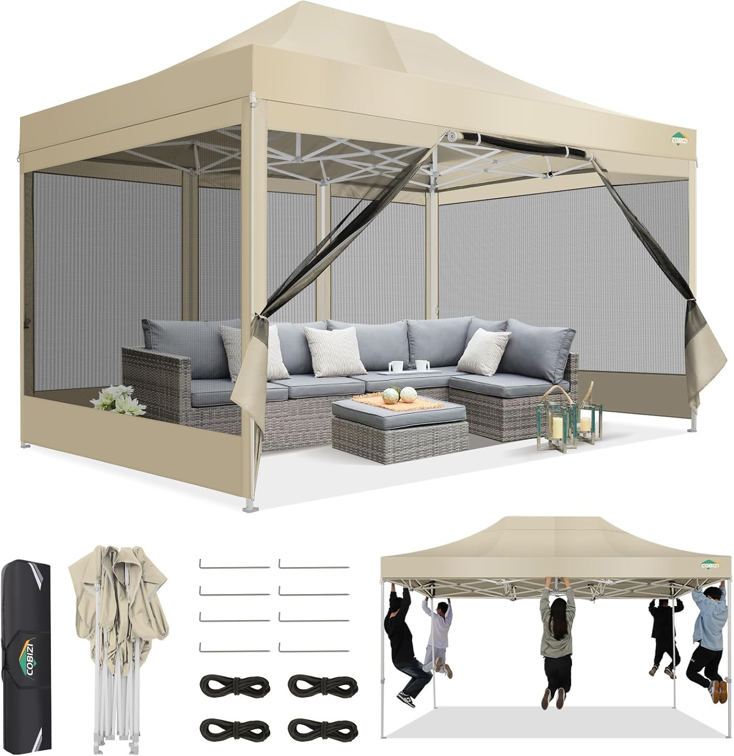 COBIZI Pavillon 3x4,5,Faltpavillon 3x4,5 Wasserdicht Stabil,Pavillon Faltbar Anti-UV mit Mesh-Seitenwände,Pavillion für Camping Events, Partyzelt Gartenzelt mit Tragetasche(3 mal 4,5m Khaki)