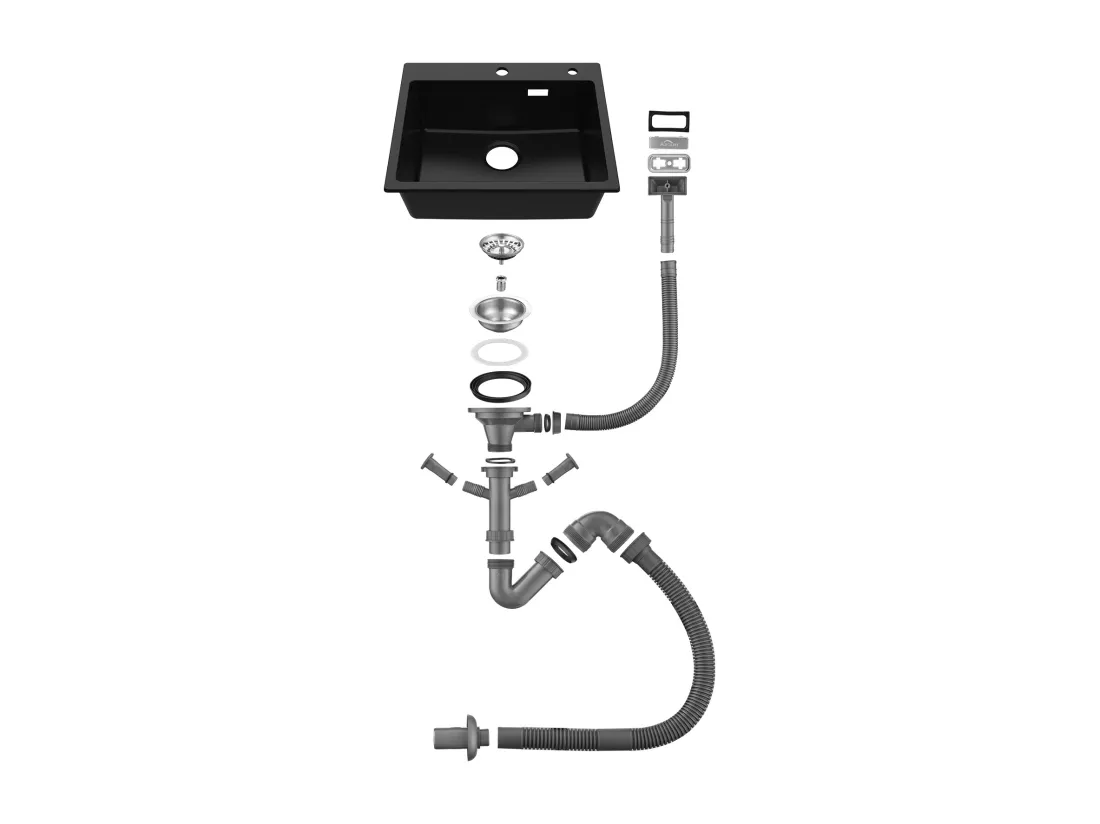 1 Bac Évier Cuisine en Granit,55*45*20cm,Kit de Vidage,Noir+Robinet Cuisine Rotatif 360°Eau Froide Chaude Noir avec points blancs