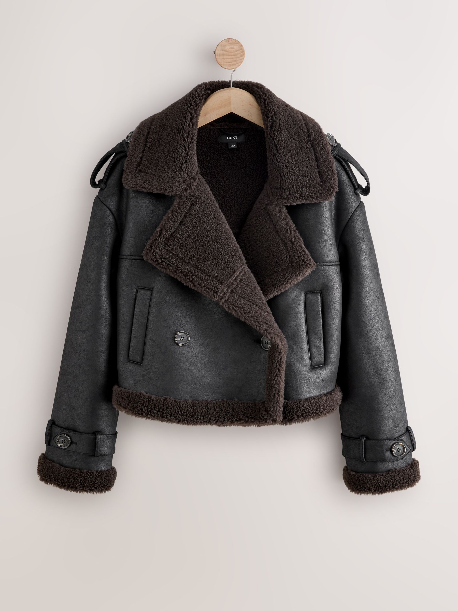 Zwart - Faux Shearling Cropped Aviator Jacket