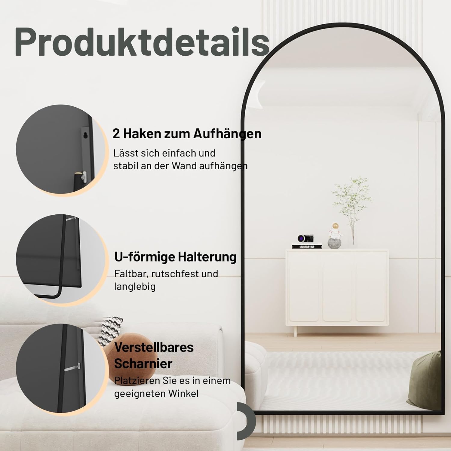 Bogen Ganzkörperspiegel 193x86cm, Gewölbter Spiegel mit Schwarz Metallrahmen Standspiegel HD Groß Bodenspiegel Wandspiegel mit Haken für Wohn-, Schlaf- und Ankleidezimmer Spiegel