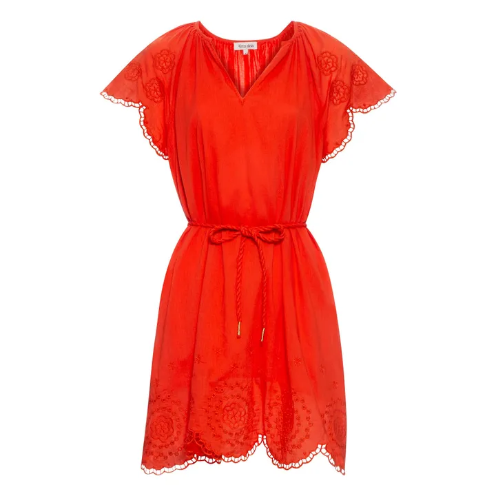 Alma Deia Robe Courte Brodée en Coton Bio | Corail