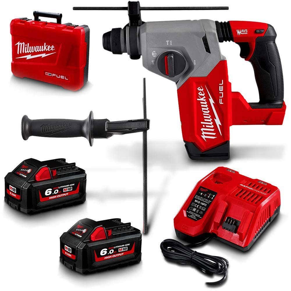 Kit de Martelo Rotativo SDS Plus Milwaukee FUEL™ 18V com 2 Baterias de 6,0Ah e Encaixe de 26mm (M18FH-602C)