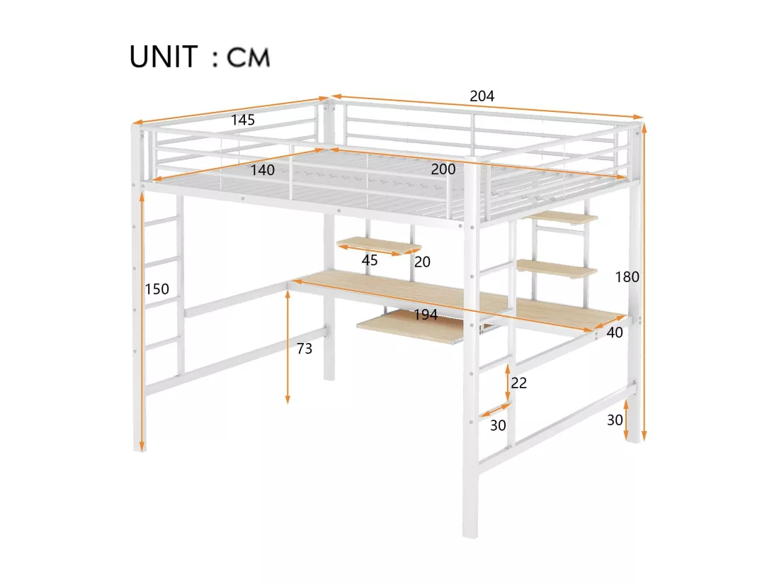Lit mezzanine 140x200cm - avec bureau et étagères - cadre en métal - Blanc