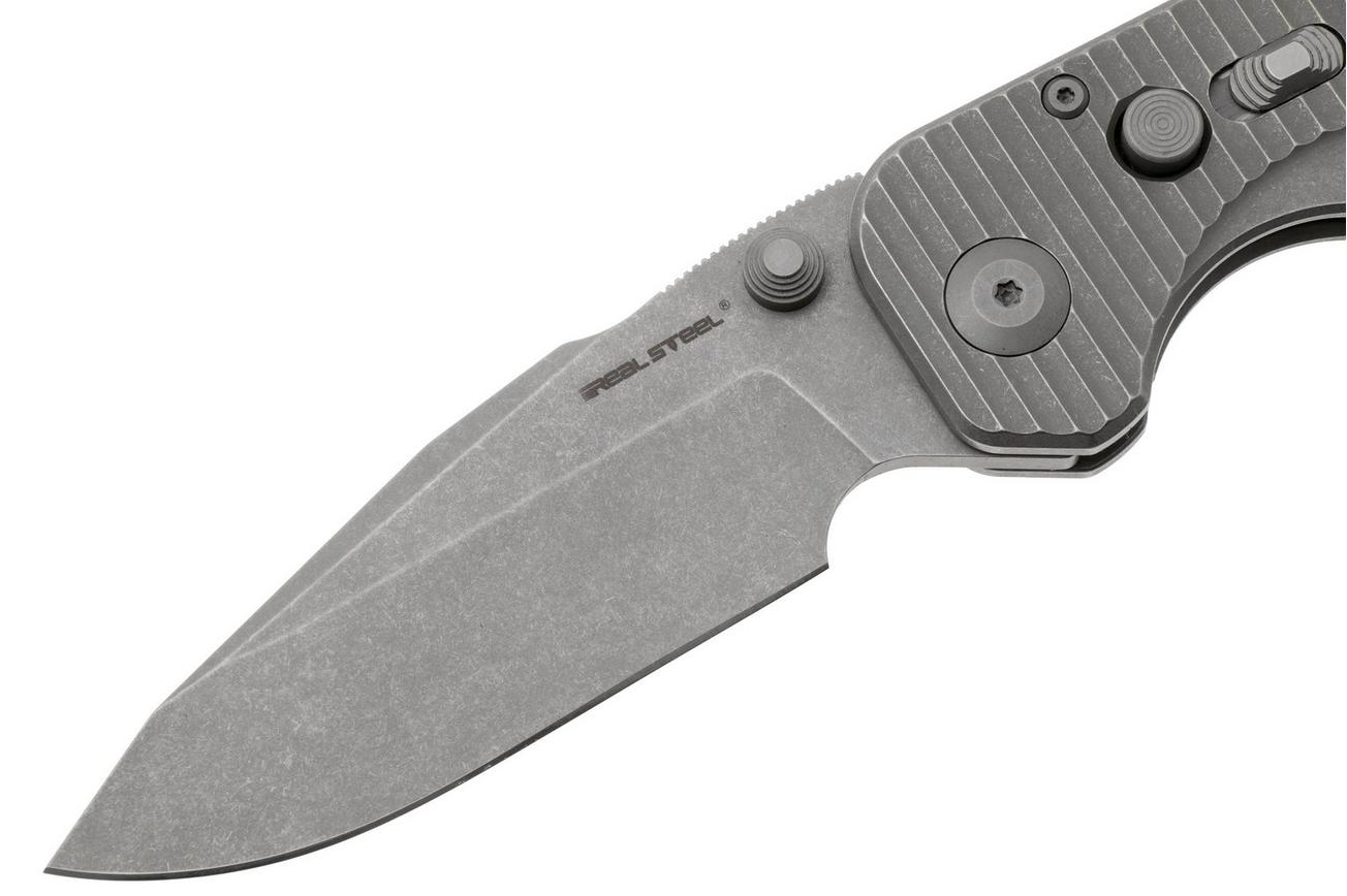 Real Steel Evolution 9911 Frame Lock & Button Unlocking Heavy Duty Tactical Knife, Stonewashed Drop Point S35VN, Titanium, zakmes