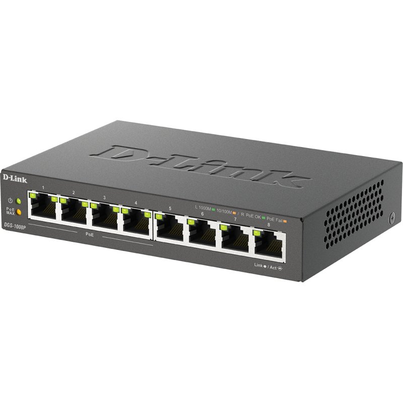 D-Link DGS-1008P/E commutateur réseau Non-géré L2 Gigabit Ethernet (10/100/1000) Connexion Ethernet, supportant l'alimentation via ce port (PoE) Bureau Noir
