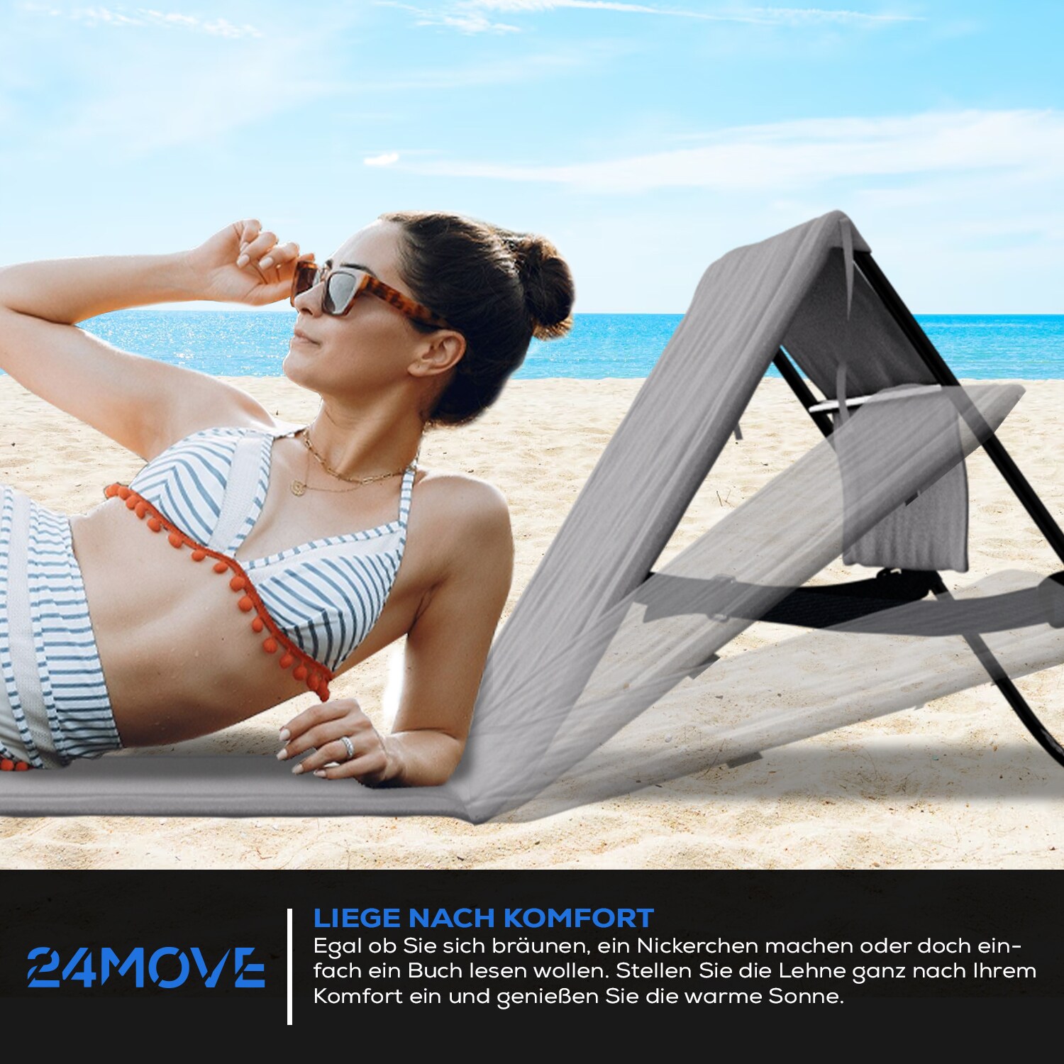 24MOVE® Strandmatte 2er Set klappbar mit Rückenlehne, Strandliege mit Gurt, tragbar für Strand und Garten, Liegematte grau