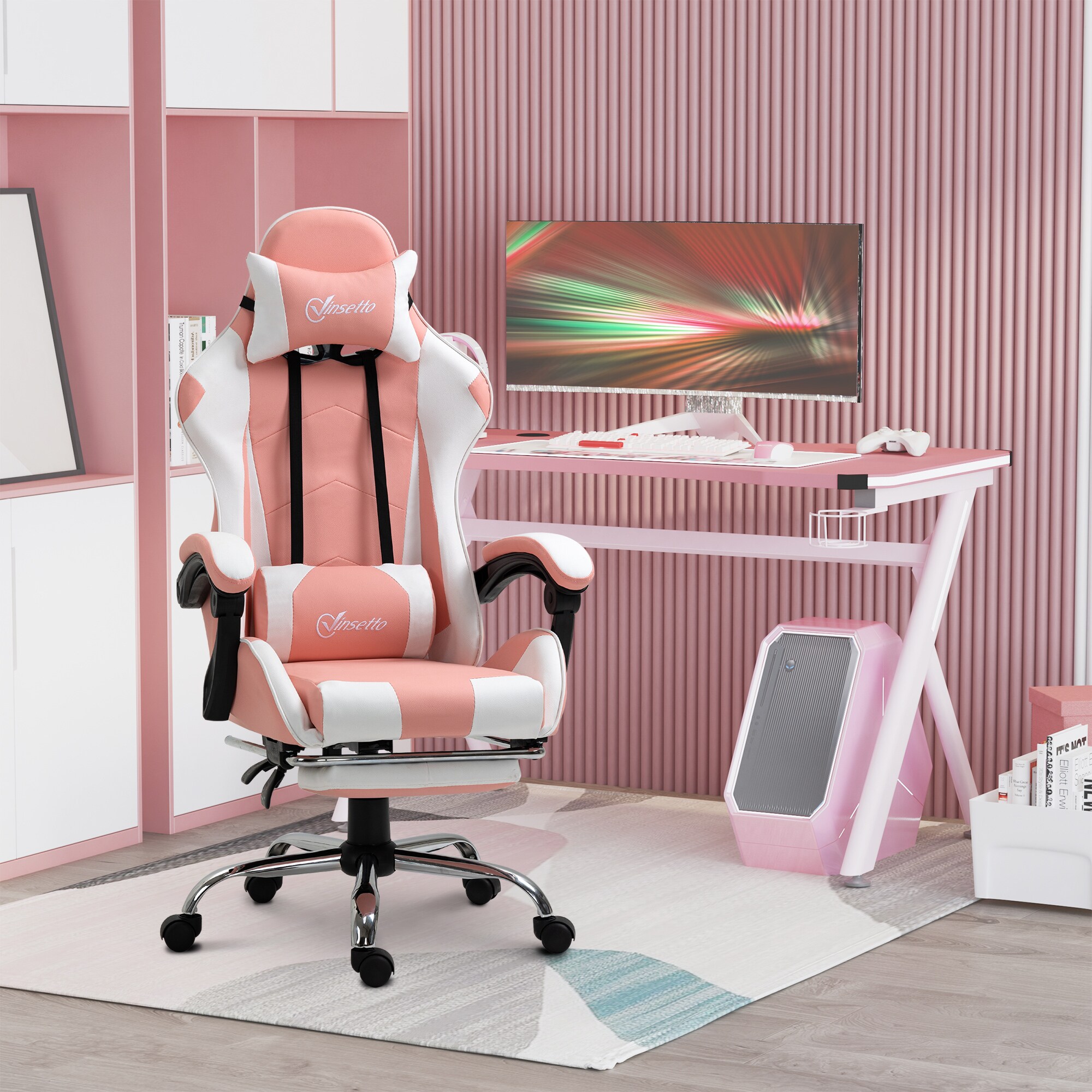 Vinsetto Gamingstuhl mit Rallystreifen rosa, weiß 64 x 67 x 127 cm (BxTxH)