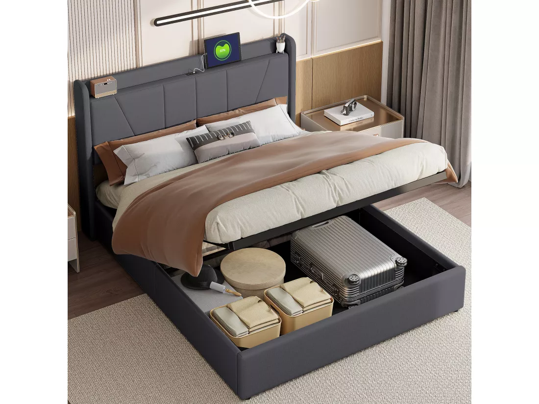 Lit double 160*200cm avec 2USB+1port de type-c+levier pneumatique, Noir, Linen