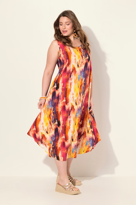Kleid, farbenfroher Druck, A-Linie, Rundhals, ärmellos