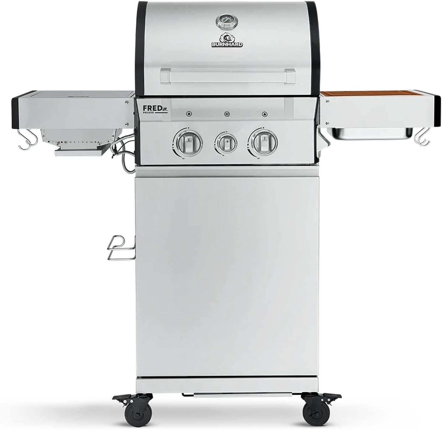 BURNHARD® Gasgrill 2-Brenner 900°C Infrarot-Keramikbrenner, Gusseisen-Grillrost, Edelstahl Grillwagen, klappbare Seitentische, Grillabdeckung – FRED Jr. Deluxe