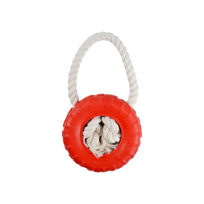 JOUET PNEU CAOUTCHOUC SUR CORDE 14X25CM ROUGE