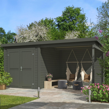 Tuinhuis met overkapping Finn vurenhout groen/wit 450 x 250 cm