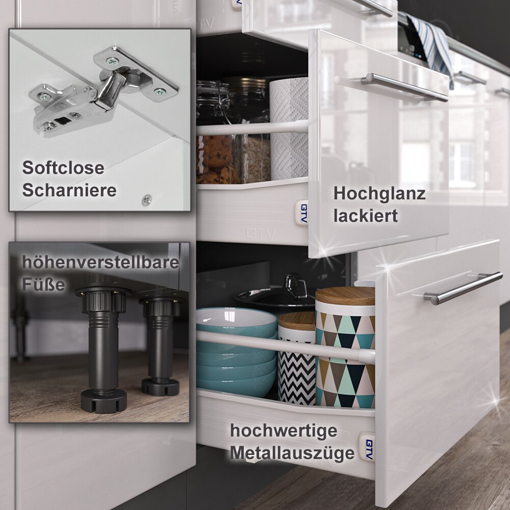 Vicco Küche Fame-Line 300 cm Küchenzeile Küchenblock Einbau Weiß Hochglanz