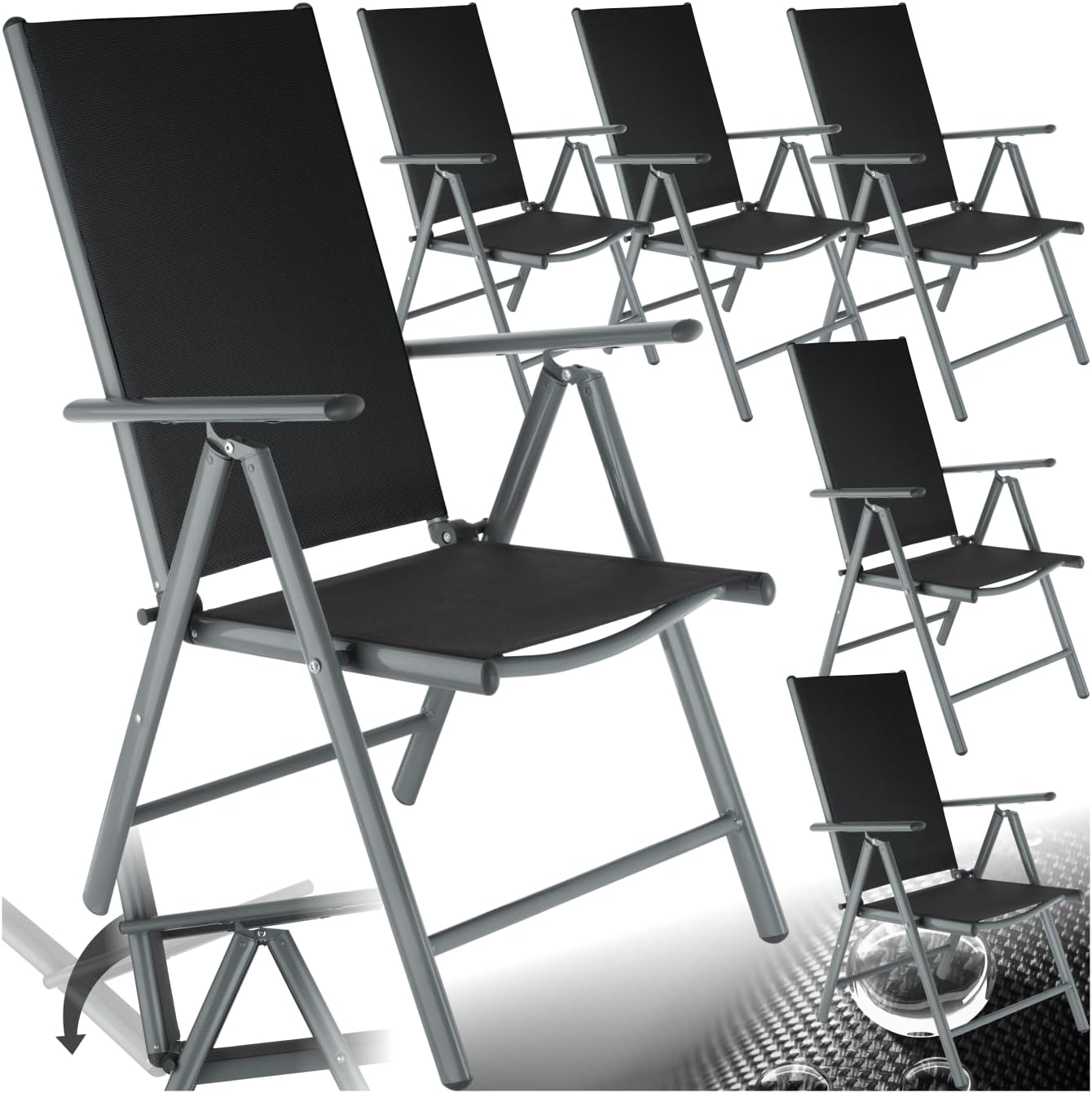 tectake® Aluminium Gartenstuhl 6er Set, Klappstuhl mit 7-facher Neigungsverstellung und hoher Rückenlehne, Gartenmöbel Set mit 6 Stühlen, klappbar, ideal für Garten, Terrasse und Balkon - anthrazit GR3146109