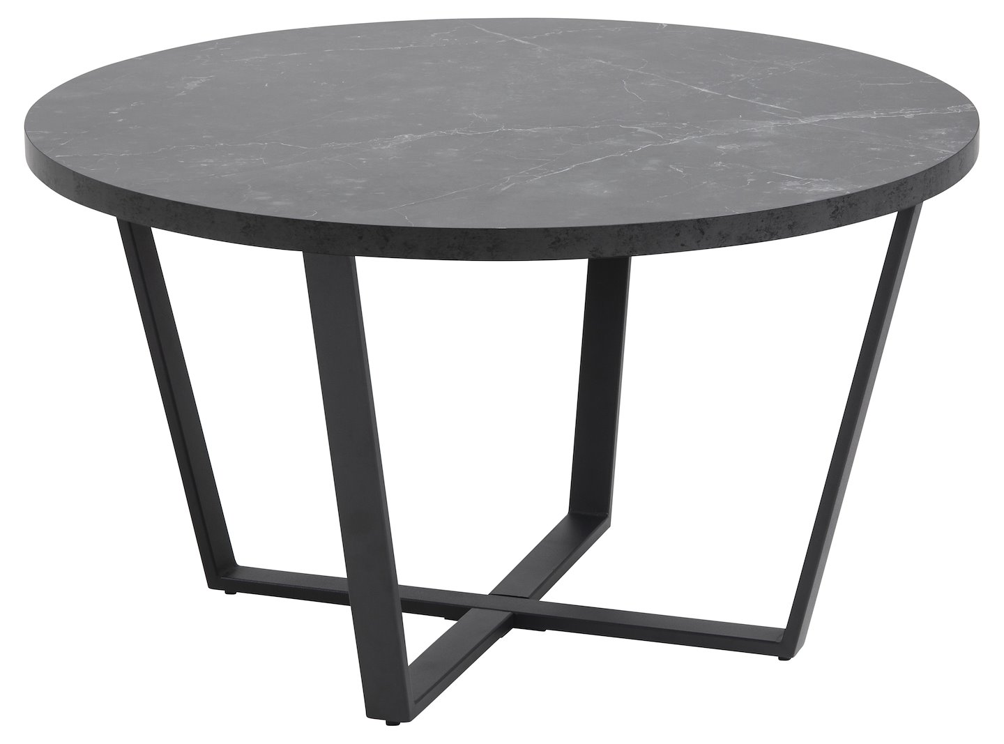 Amble Sofabord Ø77cm. Sort marmorprint melaminplate med matt sortlakkert stålunderstell.