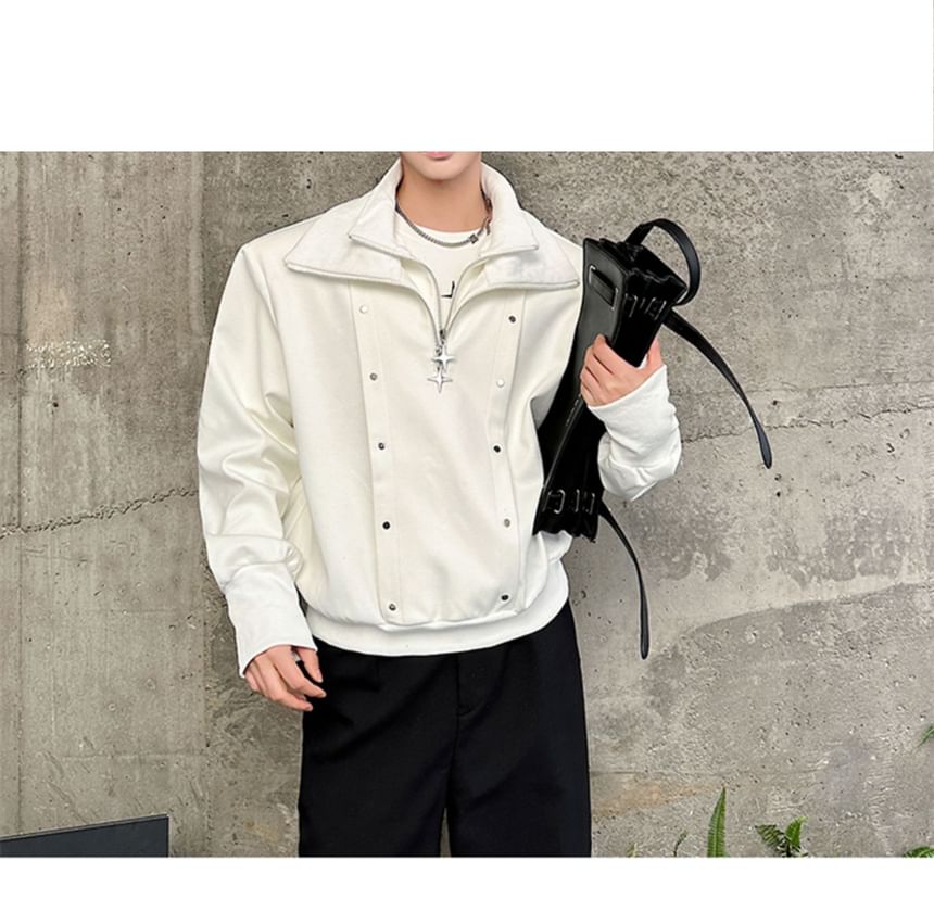 Omozando - Sweatshirt met kraag, effen studs en halve rits