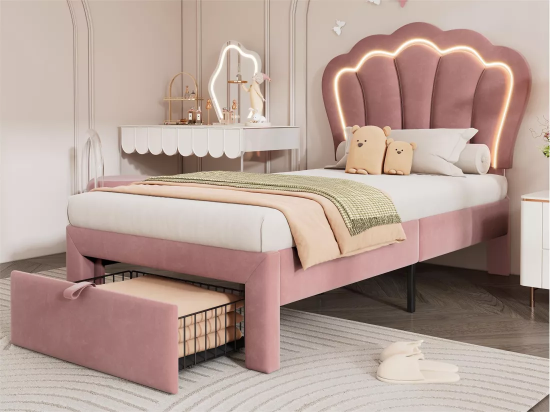 Lit 90x190 cm en velours avec tiroirs et LED de contrôle APP - Rose