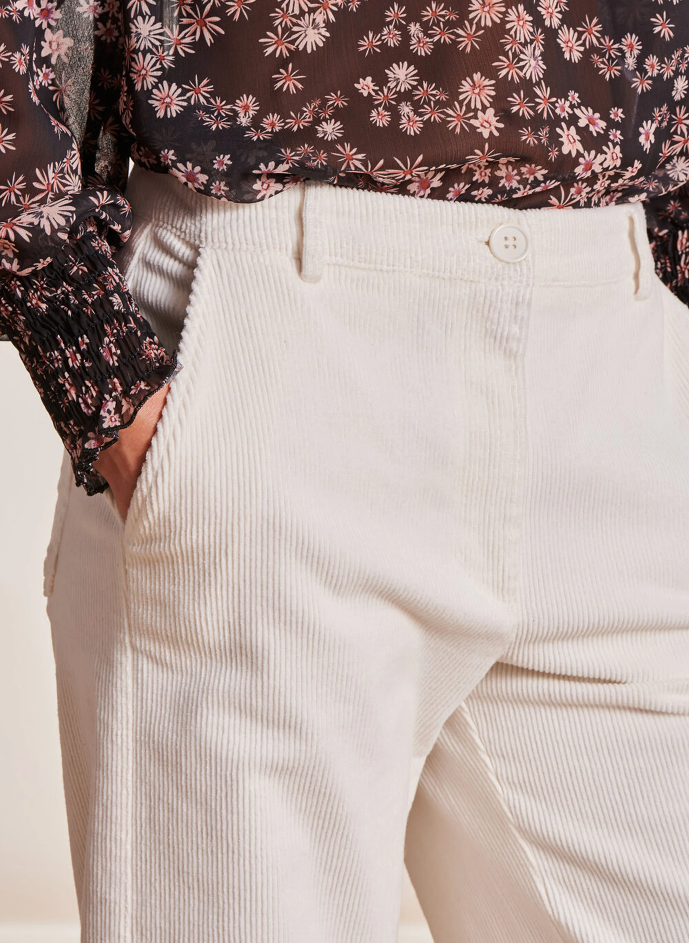 Pantalon large taille haute en coton mélangé | Blanc